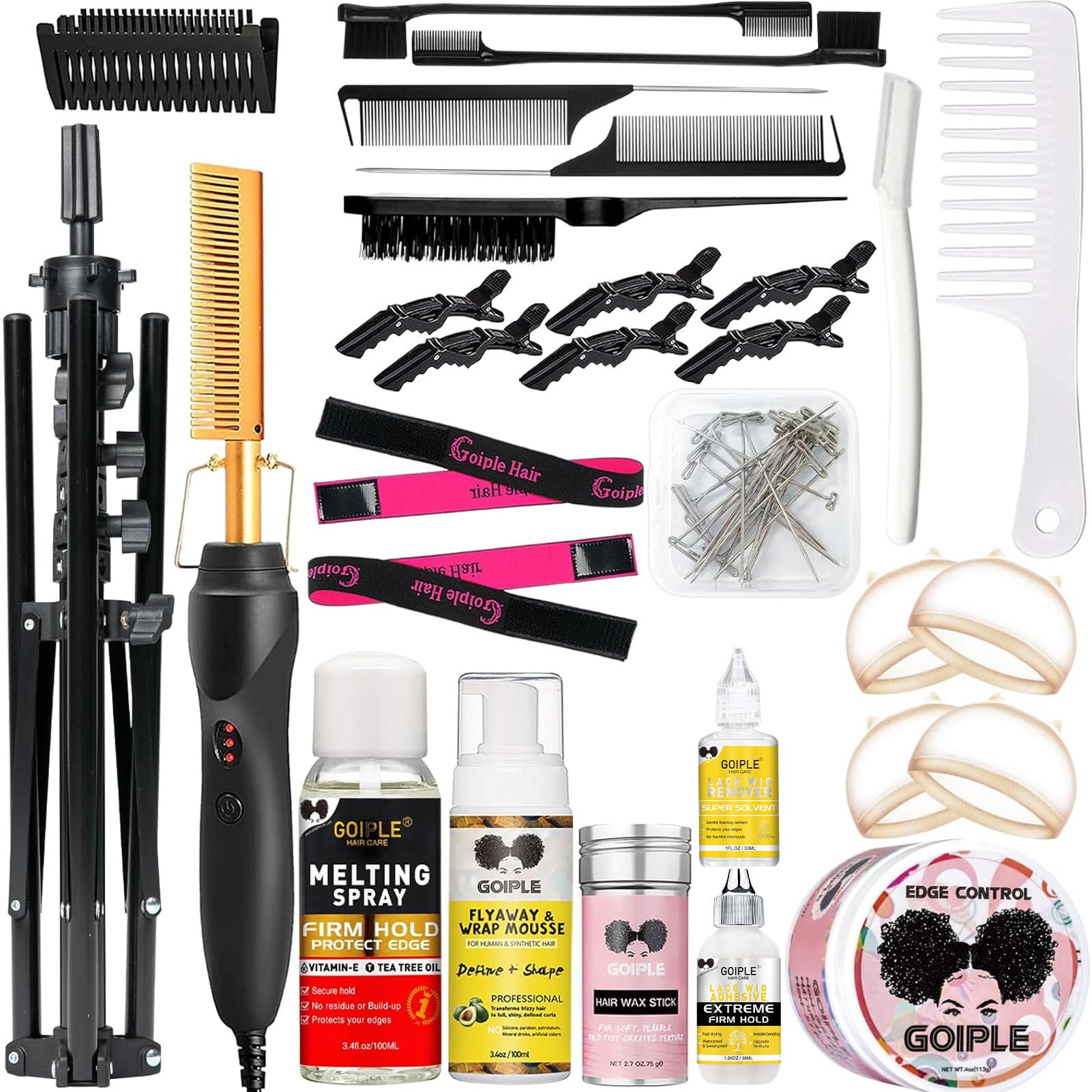 Wig Head Stand Tripod Metalwith Wig Caps, T-Pins, Comb, Hair Clip, Carrying Bag, Hot Comb Set