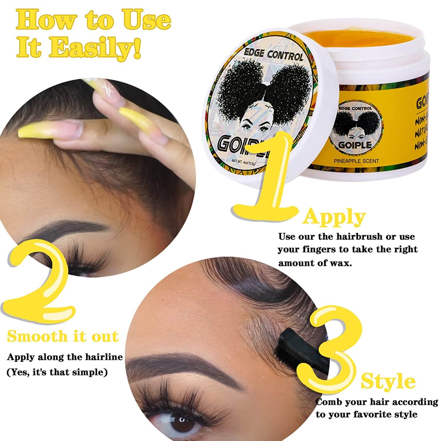 Strong Hold Edge Control Gel for Smoother Edge 4oz（Pineapple）