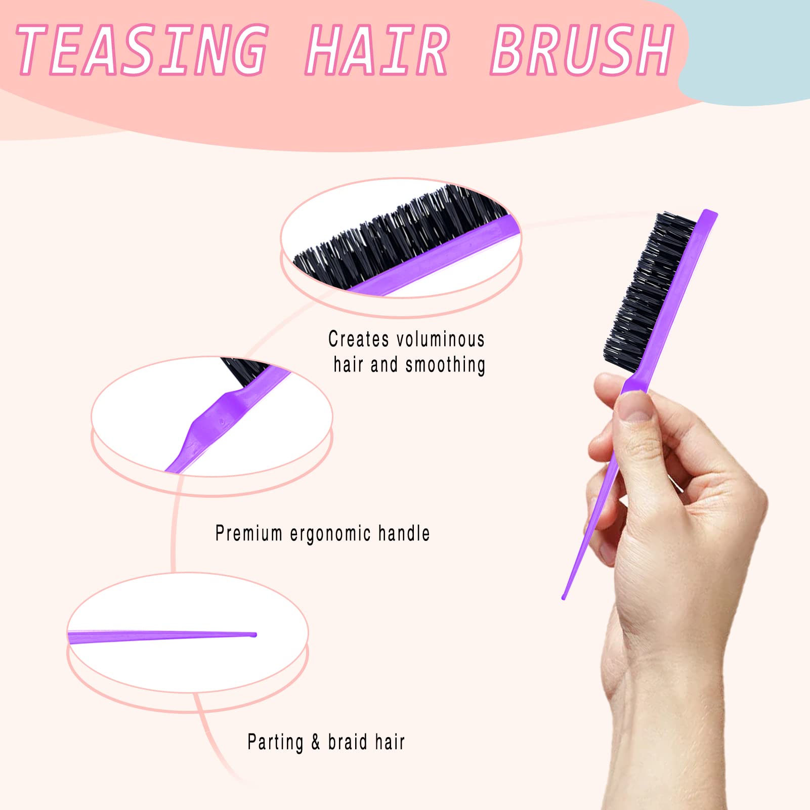 18 Pieces Hair Styling Comb Hair Brush Set, Nylon Teasing Hair Brush Rat Tail Comb