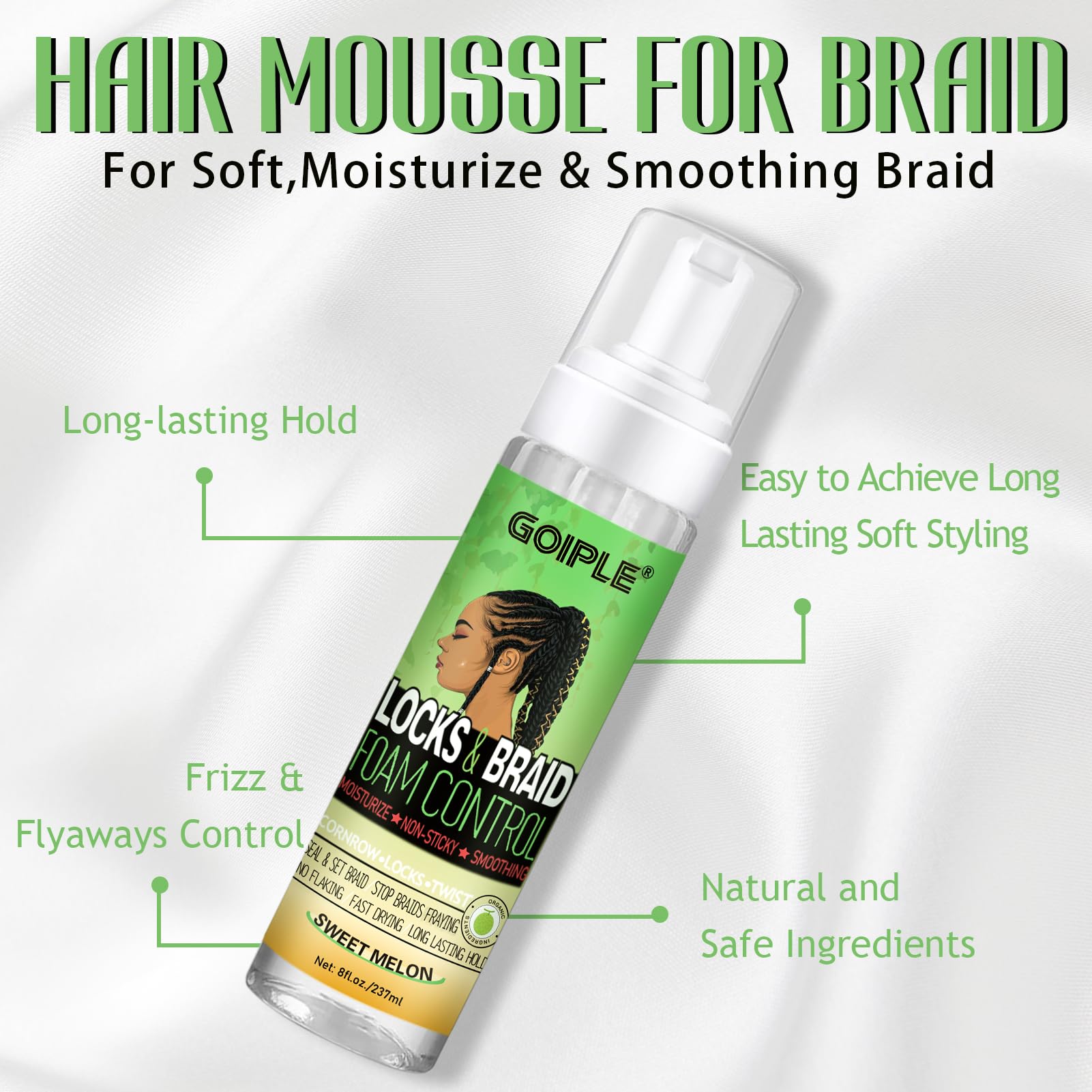 8 fl oz Braid Mousse Hair Braiding Mousse for Braids Twist (Sugar Melon)