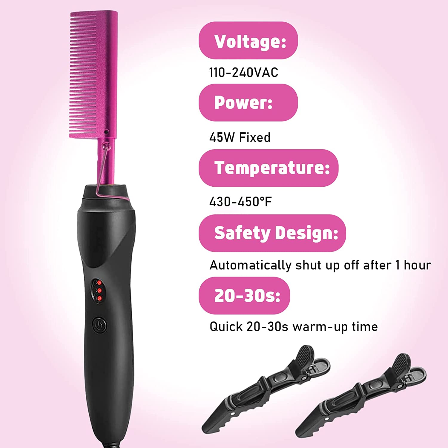 Electric Hot Comb Pink Hair Straightener  Comb